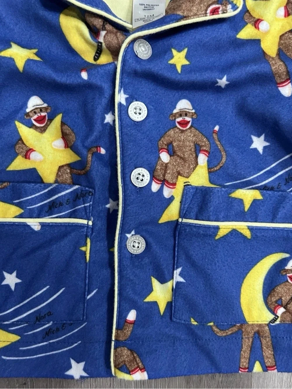 Nick & Nora Baby Pajamas 12M Sock Monkey Stars Moon Blue Fleece Button Up Top